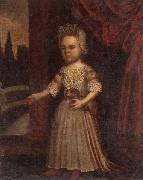 unknow artist Portrait of a young girl,full length,holding a toy dog and a bunch of cherries,set beside a partly-draped red curtain oil painting on canvas